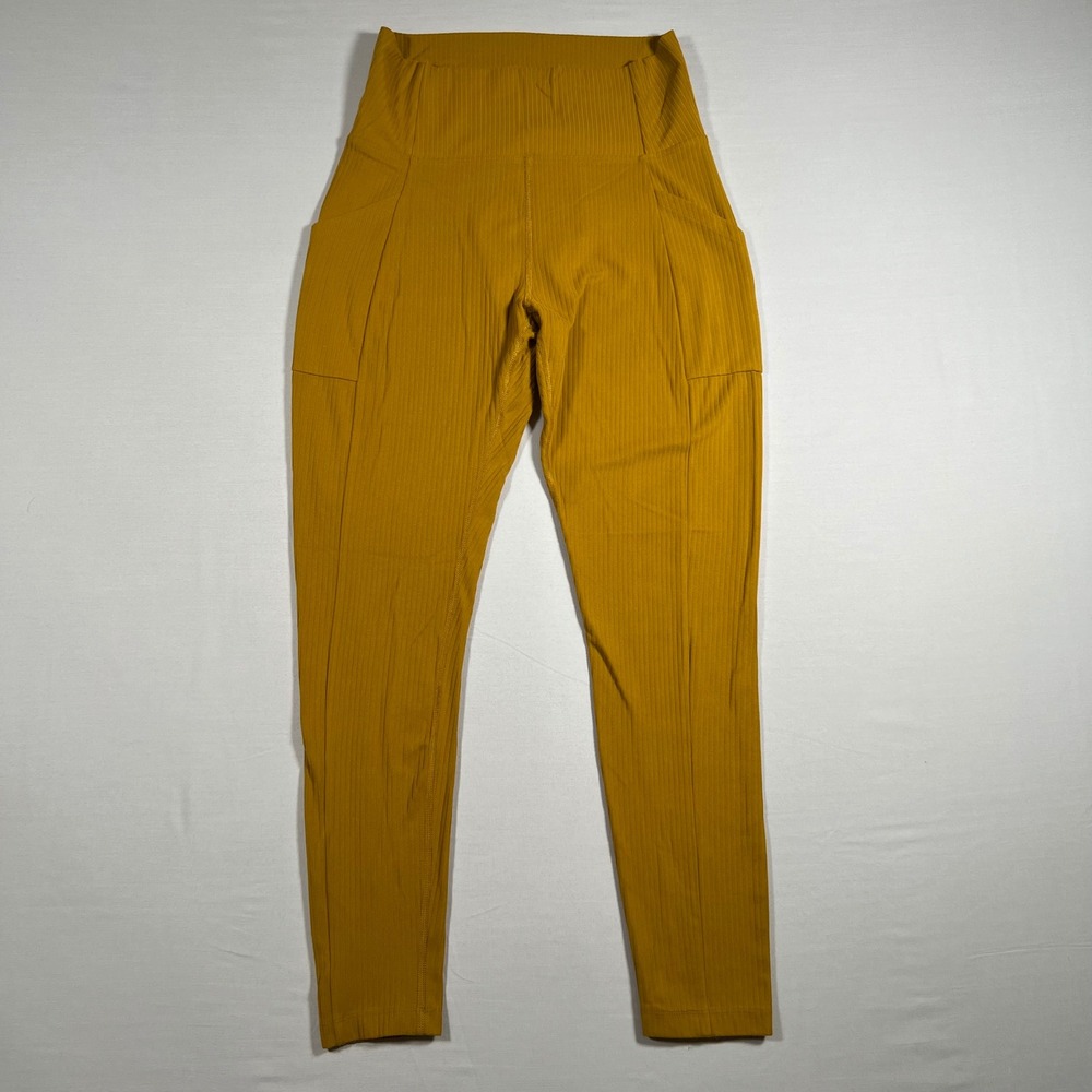 REI Co-op Ribbed High Waisted Leggings Women M Yellow Active Pursuits 7/8 Tights